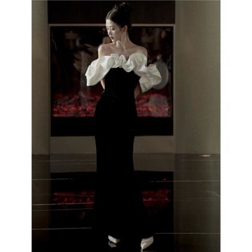 訂婚晚禮服法式黑色一字肩輕奢小眾高端氣質顯瘦主持人結婚敬酒服