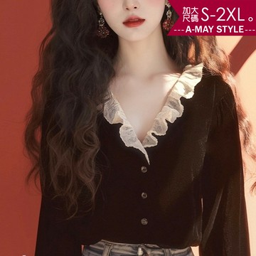 加大碼上衣 蕾絲荷葉設計V領拼接絲絨感襯衫(S-2XL)【XT2410A46】＊艾美時尚(現+預)
