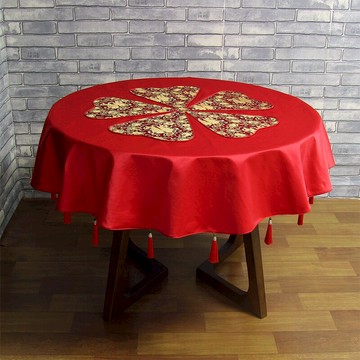 紅色圓桌布中式中國風真絲布藝紅木茶幾餐桌圓桌臺布婚慶流蘇蓋布