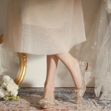 亮片婚紗兩穿結婚鞋女法式小眾水晶新娘鞋孕婦訂婚宴會日常平底鞋