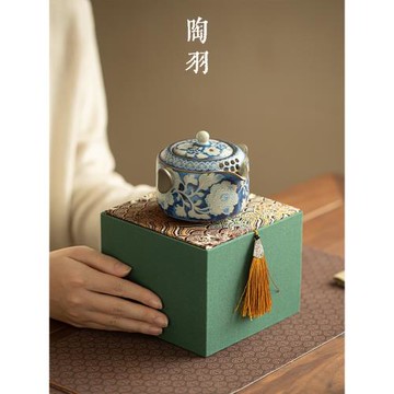 (免運)仿宋汝窯元青花雙耳手抓壺家用陶瓷泡茶壺帶蓋防燙泡茶器功夫茶具