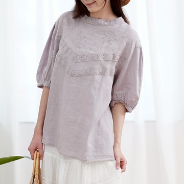 純亞麻設計款刺繡襯衫上衣490162