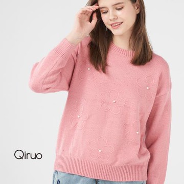Qiruo 奇若名品 專櫃粉色小羊毛上衣 精品時尚保暖(造型花朵珍珠點綴共-三色-2002A-15)