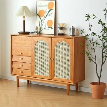 台灣公司貨 免運 可開票 北歐實木餐邊柜櫻桃木藤編酒柜復古簡約廚房靠墻置物柜