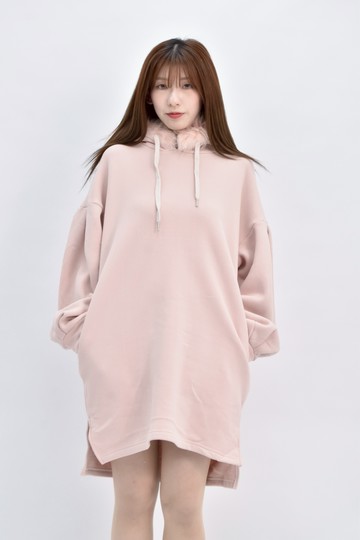 (F) the most韓牌質感內刷毛連帽長袖粉色洋裝