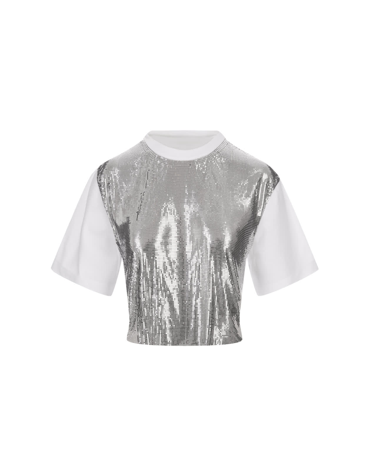 Paco Rabanne White Short T-shirt With Silver Mesh Panel