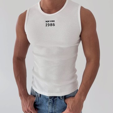 正韓肌肉款1986字母刺繡羅紋無袖背心 3色 YUPPIE 預購商品 0512
