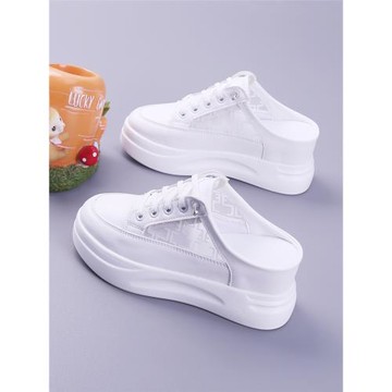 松糕厚底女鞋2024夏新款鏤空透氣一腳蹬半拖女網鞋內增高小白鞋女