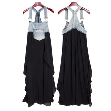 歐美夏裝吊帶背心裙背帶牛仔布雪紡拼接連衣裙百褶長裙女