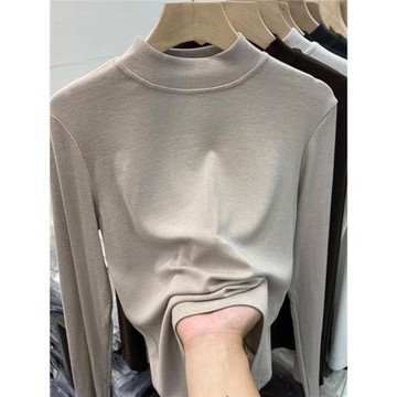 半高領打底衫女春秋季新款歐貨薄絨長袖面膜T恤顯瘦內搭磨毛上衣