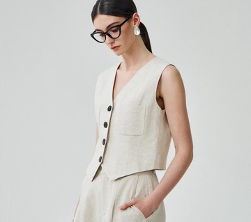 【100%進口亞麻】法式簡約/V領顯瘦背心