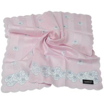LANVIN COLLECTION 粉色系銀蔥點綴山茶花荷葉邊品牌LOGO字母圖騰大帕領巾(58CM)