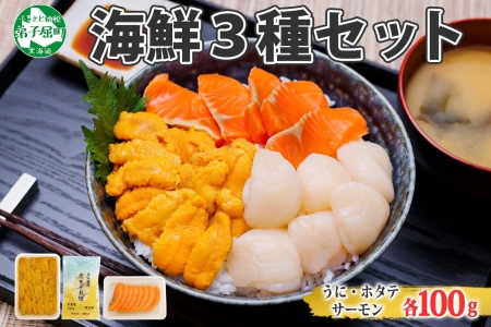 1989. ウニ チリ産 冷凍 ホタテ サーモン 切り身 各100g 計300g 海鮮 うに 雲丹 ほたて 帆立 貝柱 鮭 シャケ 海鮮丼 ご飯のお供 酒の肴 おつまみ 魚介 海鮮 ギフト 送料無料 北海道 弟子屈