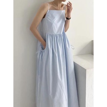 韓國chic夏季法式氣質方領抽褶系帶口袋設計高腰顯瘦吊帶連衣裙女