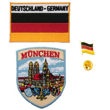 DIY外套背包刺繡補丁 三件組慕尼黑地標＋德國國旗刺繡+金屬徽章 布貼 熨斗貼 熨燙 補丁圖案