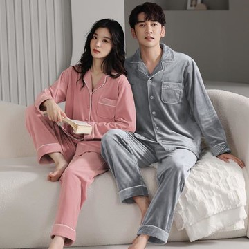 海島絨情侶睡衣男秋冬款金絲絨長袖薄款休閑舒適大碼家居服女套裝