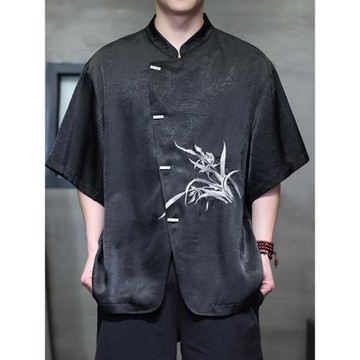 中國風男夏季薄款高級感緞面玉竹扣蘭花刺繡短袖襯衫唐裝冰絲襯衣