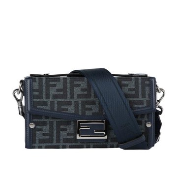 FENDI Soft Trunk FF Logo 緹花拼皮革二用包(牛仔藍)