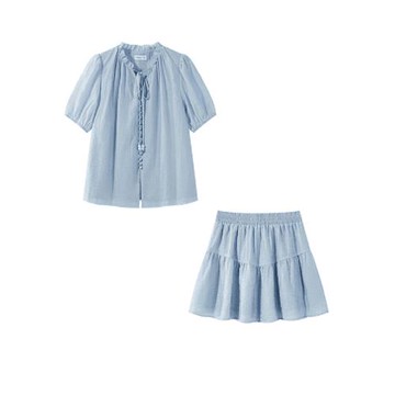 韓版甜美寬松短袖女夏季新款顯白氣質藍色套裝休閑上衣短裙兩件套
