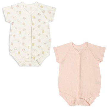 akachan honpo - 短袖網眼包屁衣2件組-前開式 點點 動物-粉紅色