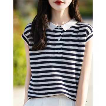 POLO領天絲羊毛短袖t恤女夏季新款條紋設計感寬松短款減齡上衣薄