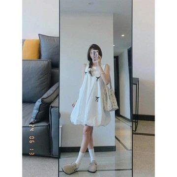 裙子女夏季2025新款法式純欲初戀白色蝴蝶結連衣裙小個子收腰顯瘦