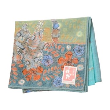 友禅染 日本製青綠底花卉紋圖騰帕領巾(藍系/51CM)