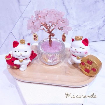 送禮物 現貨商品【焦糖小姐 Ms caramelo】 招財貓+水晶樹+木質組【粉色】水晶發財樹+財源滾滾來擺件 天然粉水晶桌面裝飾辦公室 財位 禮物