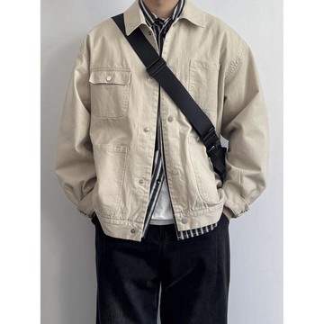 韓系時尚潮流翻領長袖外套男秋冬新款休閒百搭寬鬆上衣男