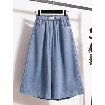 大碼女夏褲高腰顯瘦薄款闊腿褲胖mm寬松小個子天絲七分直筒牛仔褲