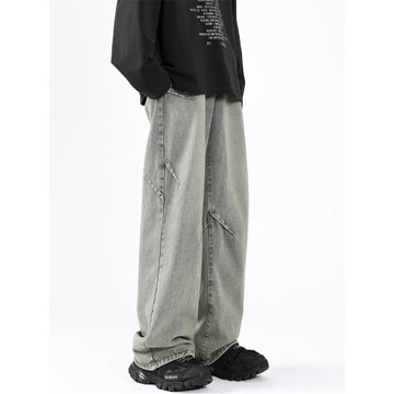 美式復古闊腿牛仔褲男高街cleanfit微喇褲子潮牌寬松直筒拖地長褲