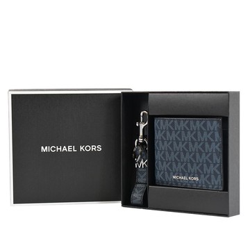 MICHAEL KORS 男款 緹花LOGO防刮皮革六卡短夾鑰匙圈禮盒-藍色