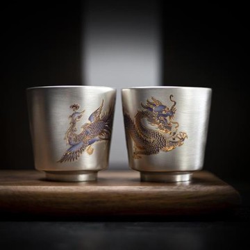 荏仟堂銀杯子999純銀茶杯內外鎏銀陶瓷主人杯龍鳳高端個人情侶杯