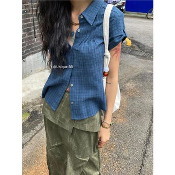 Unique SEI古早感日系復古格紋顯瘦休閑褶皺柔軟翻領短袖襯衫上衣