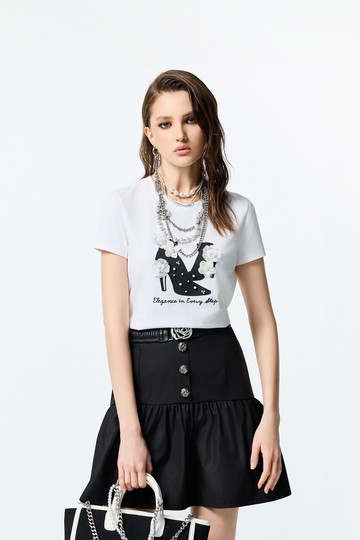 手工珍珠花飾短靴圖騰T恤