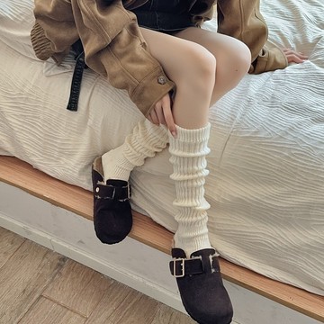 仿羊毛素色襪套 秋冬配雪地靴日系堆堆襪 長筒保暖襪 灰棕針織女襪 長襪子 長襪女 襪子