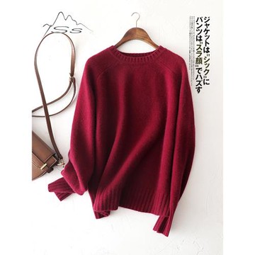濃郁復古安哥拉紅~羊絨衫女圓領加厚秋冬寬松100純山羊絨針織毛衣