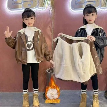 女童冬裝連帽加絨加厚皮衣外套2025新款洋氣中大童皮夾克