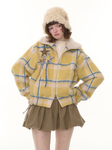 ziziFei秋冬美式復古設計感黃色格紋毛領加厚星星圖案毛外套女