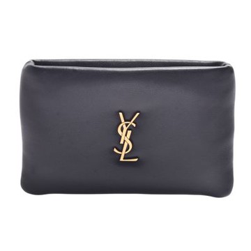 YSL 經典金色品牌LOGO小羊皮一字拉鍊零錢包(黑色)