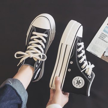 高幫帆布鞋女春季2025新款厚底增高紅色ins潮百搭學生中幫板鞋子