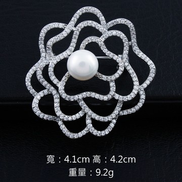 【RJ New York】永生薔薇水鑽珍珠胸針 別針(白金色)