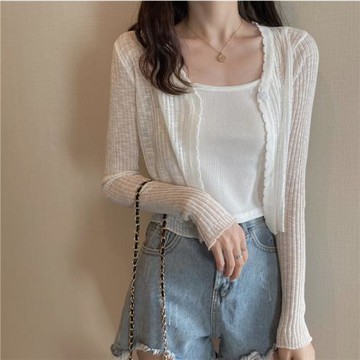 夏季女網紅針織衫薄款防曬開衫學生T恤百搭短款白色外套打底上衣