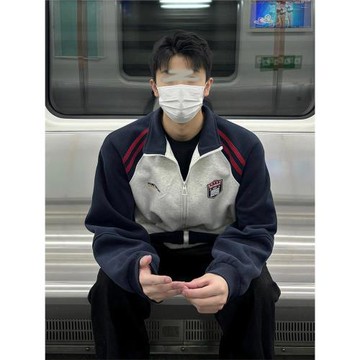 美式插肩袖立領夾克外套男春秋款cleanfit高級感重磅條紋開衫衛衣