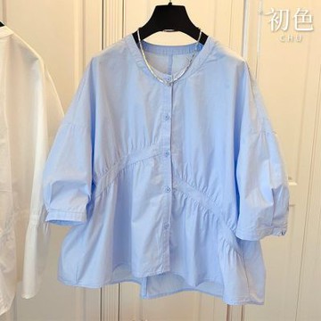 初色 韓系皺褶不對稱拼接休閒圓領五分袖襯衫女上衣-共3色-37402(M-2XL可選)