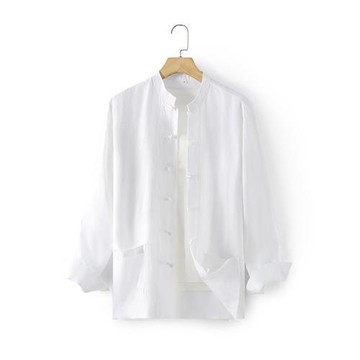 【米蘭精品】亞麻襯衫長袖上衣-復古中式立領男裝5色74ew24
