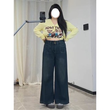 300斤大碼女裝復古闊腿牛仔褲女秋冬加絨褲子胖mm梨形顯瘦直筒褲