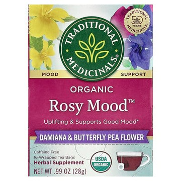 Traditional Medicinals, Organic Rosy Mood™，達米阿那和蝶豆花粉，無咖啡萃取，16 獨立茶包，0.99 盎司（28 克）