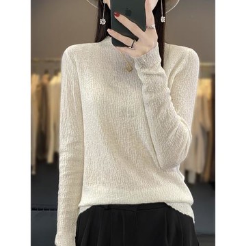 半高領長袖針織打底衫女修身內搭提花毛衣洋氣肌理感百搭毛衫上衣