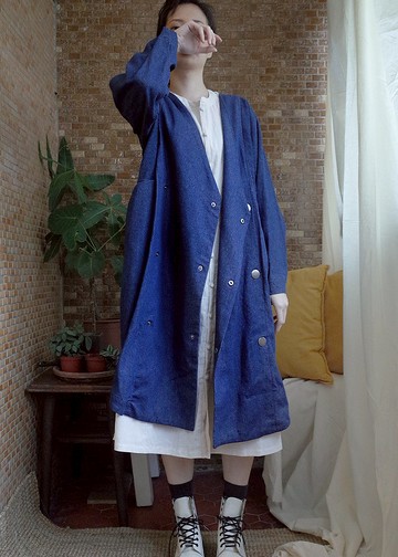 酵素洗色丹寧日式 V領雙排釦長大衣